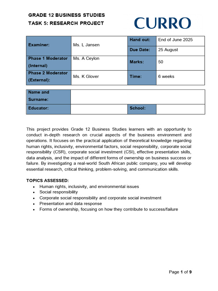 Grade 12 Business Studies Research Project | PDF | Corporate Social ...