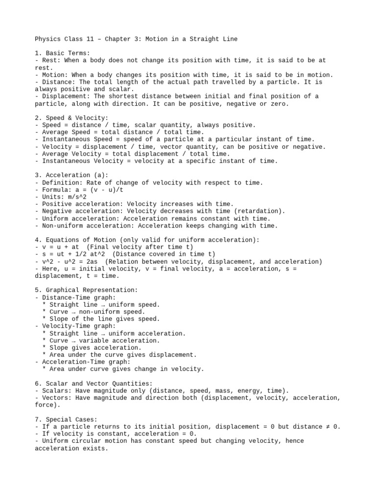 Motion in A Straight Line Notes Expanded | PDF | Velocity | Acceleration