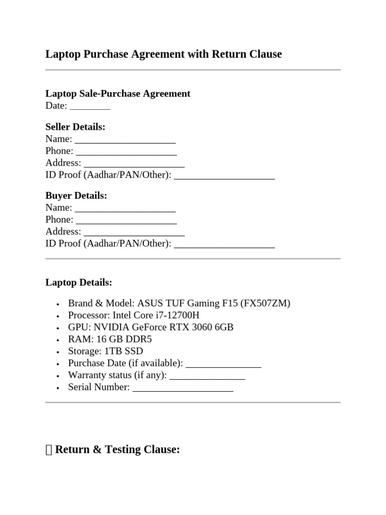 Laptop Purchase Agreement With Return Clause | PDF