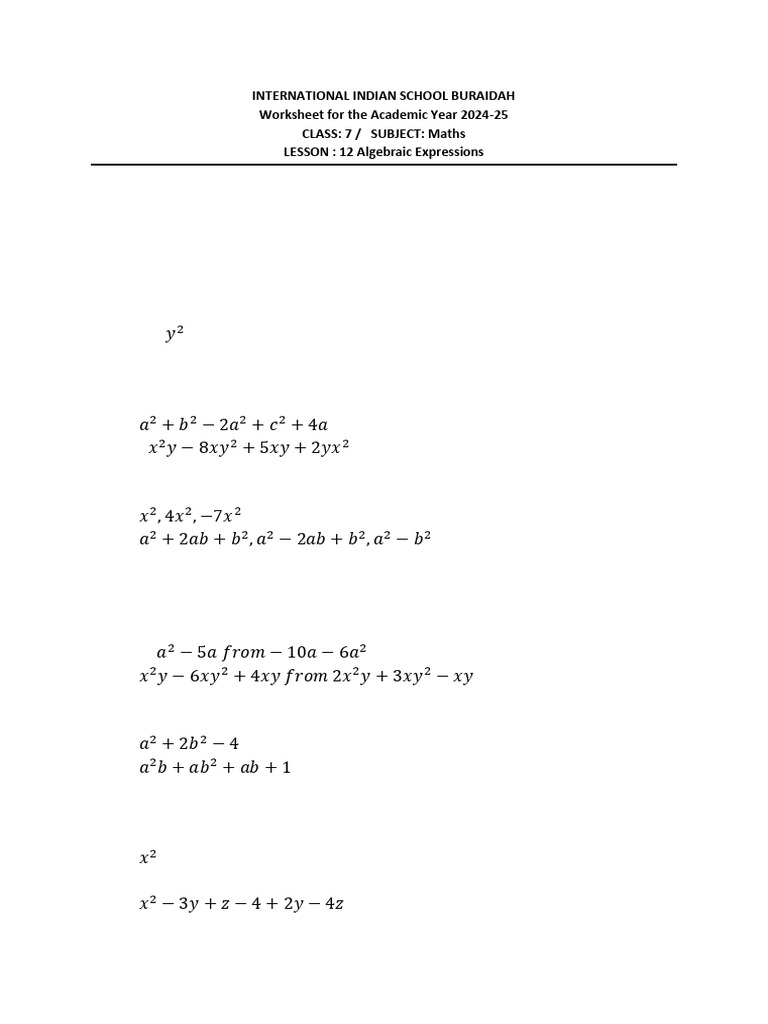 Class 7 Maths: Algebraic Expressions Worksheet | PDF