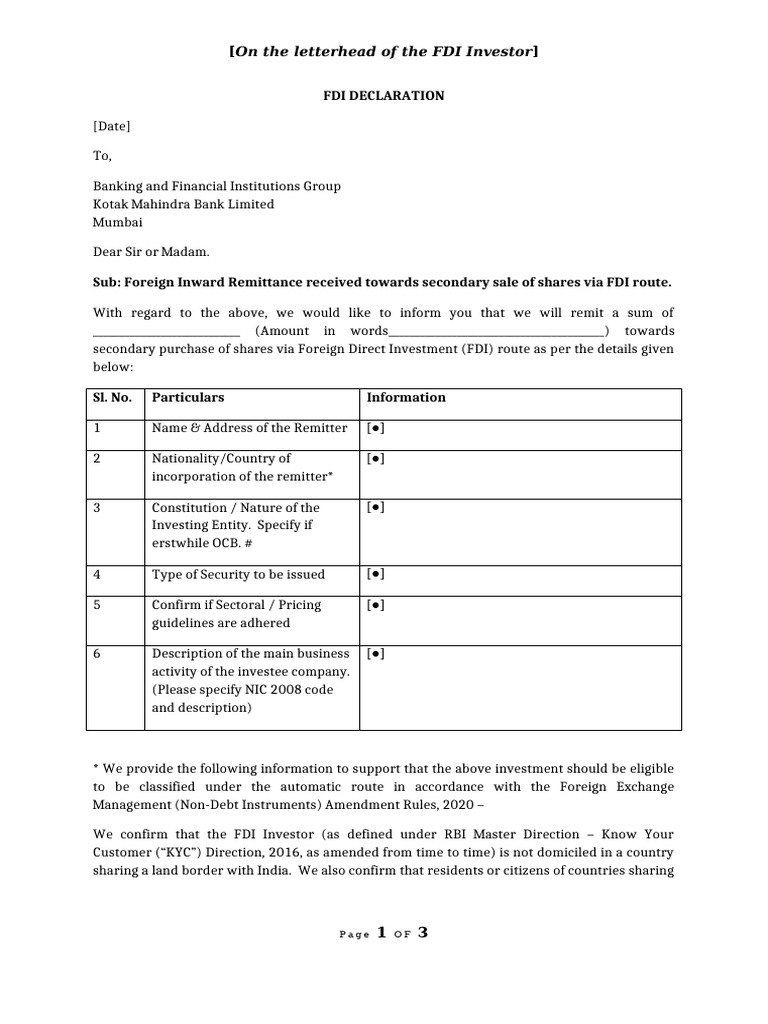 FDI Declaration for Share Purchase | PDF | Foreign Direct Investment ...
