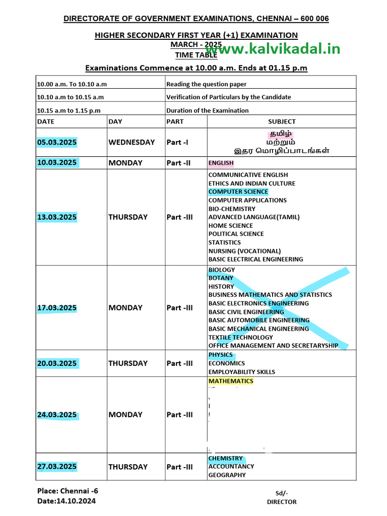 11th Public Exam Time Table 2025 | PDF | Science