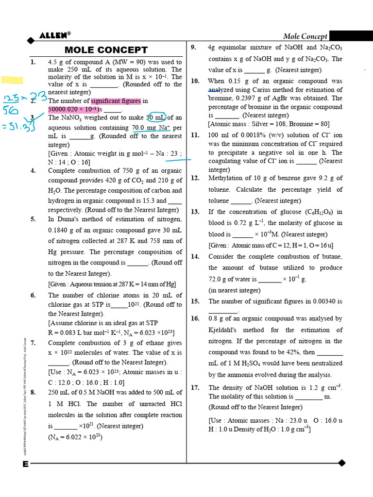 Mole Concept Chemistry Problems & Solutions | PDF | Mole (Unit) | Sodium