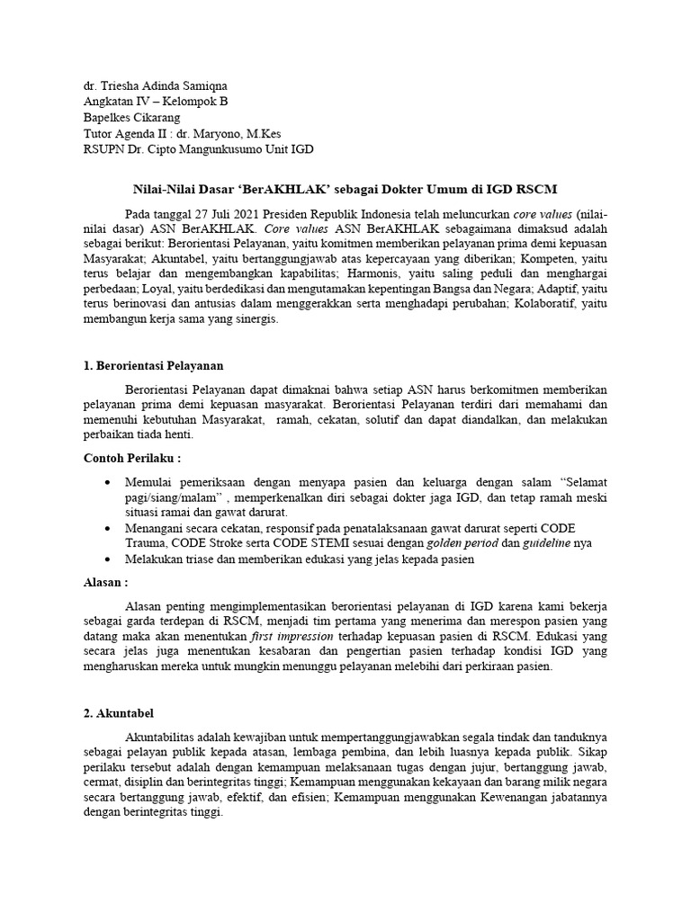 Nilai BerAKHLAK Dokter IGD RSCM | PDF