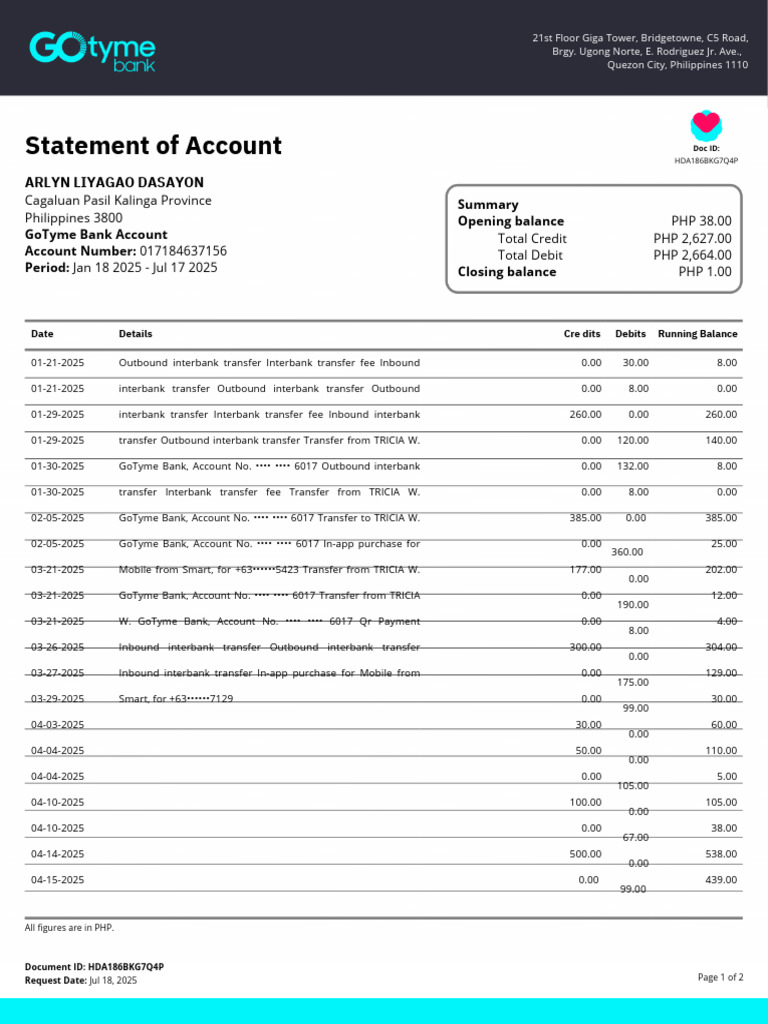 GoTyme Bank Account Statement Summary | PDF | Money | Personal Finance