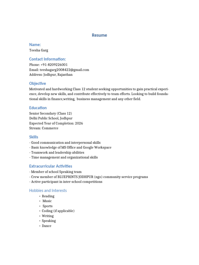 Class 12 Student Resume - Teesha Garg | PDF