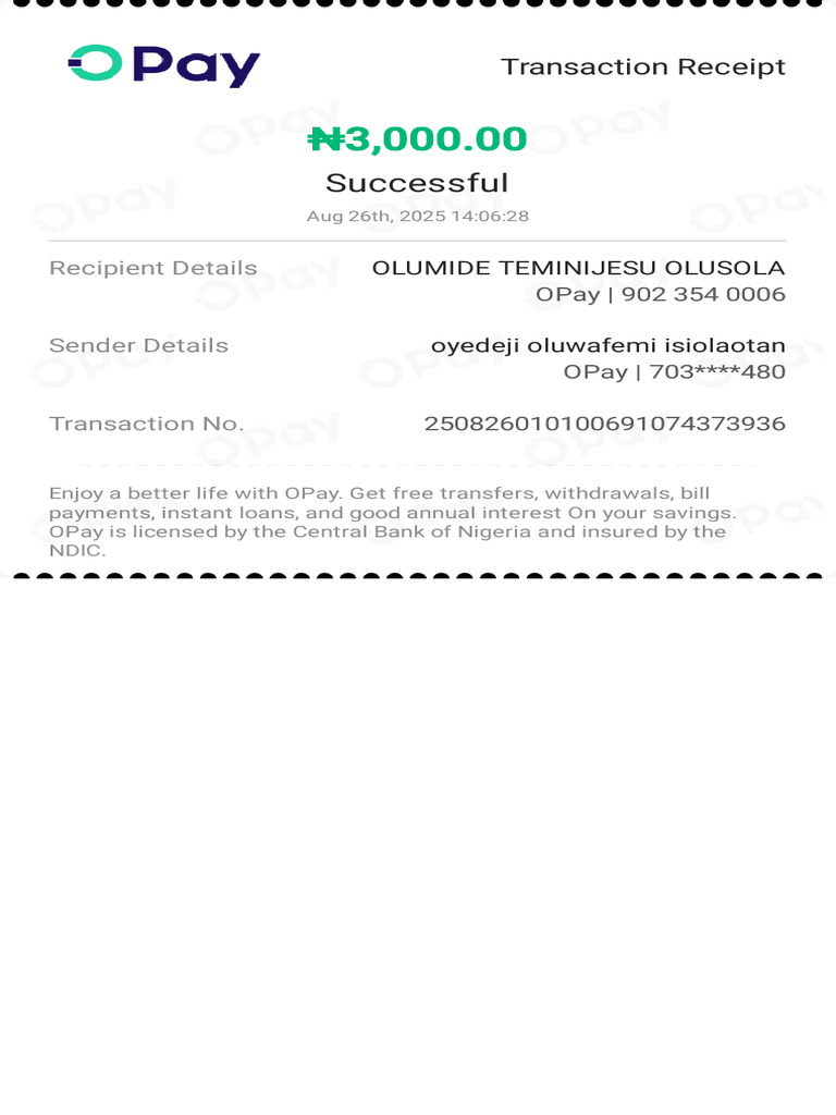OPay Transaction Receipt - ₦3,000 Success | PDF