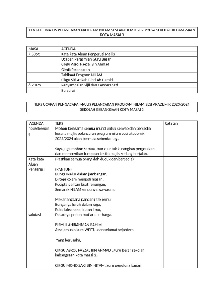 Tentatif Dan Teks Pelancaran Program Nilam Sesi Akademik 2023 | PDF