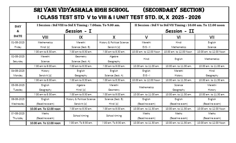 School Test Schedule 2025-2026 | PDF | Mathematics