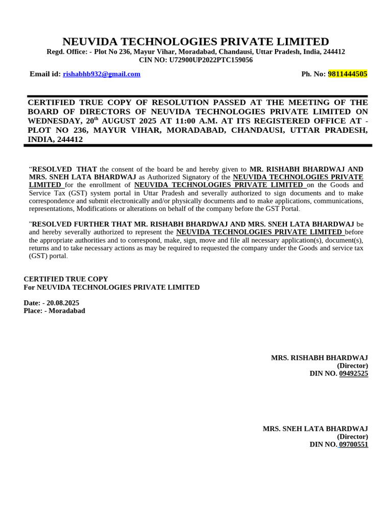Neuvida Technologies GST Authorization Resolution | PDF