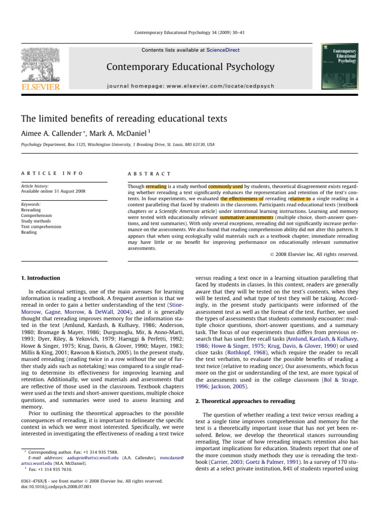 Rereading Texts: Limited Learning Benefits | PDF | Reading ...