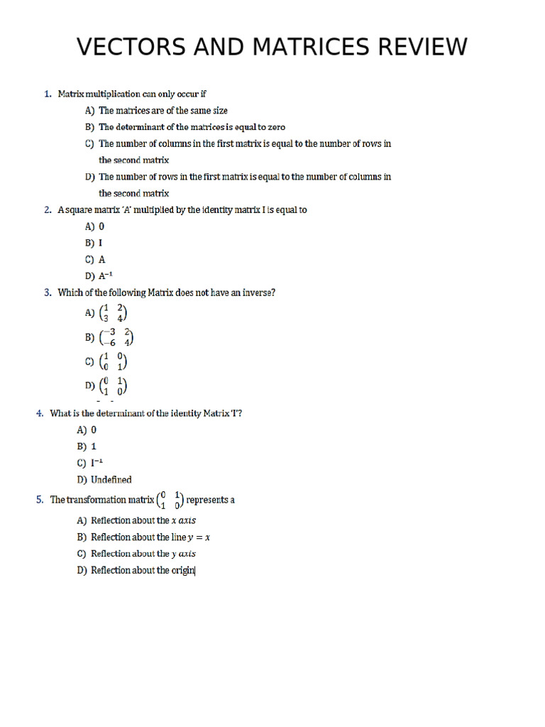 Vectors And Matrices Review Guide Pdf Matrix Mathematics