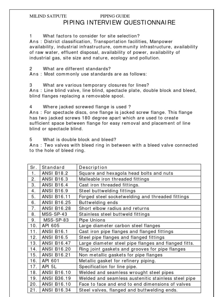 Piping Interview Questionnaire Guide | PDF | Pipe (Fluid Conveyance ...