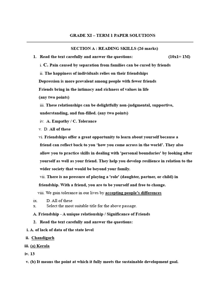 Grade XI Term 1 Paper Solutions | PDF