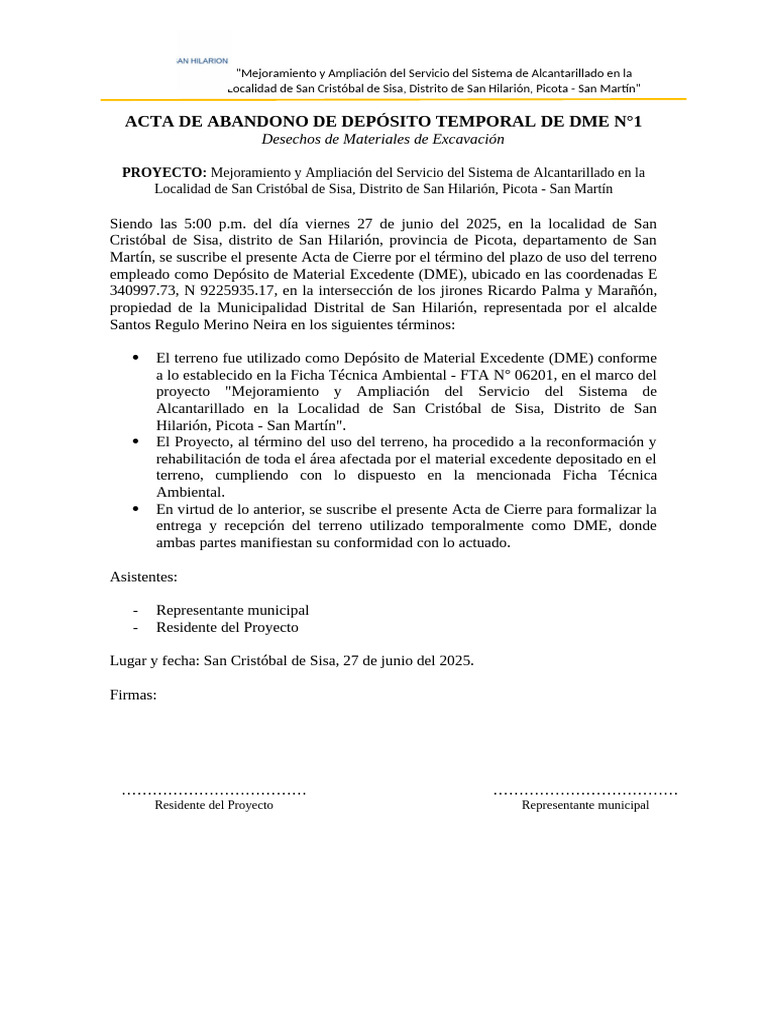 Acta de Cierre del DME en San Hilarión | PDF