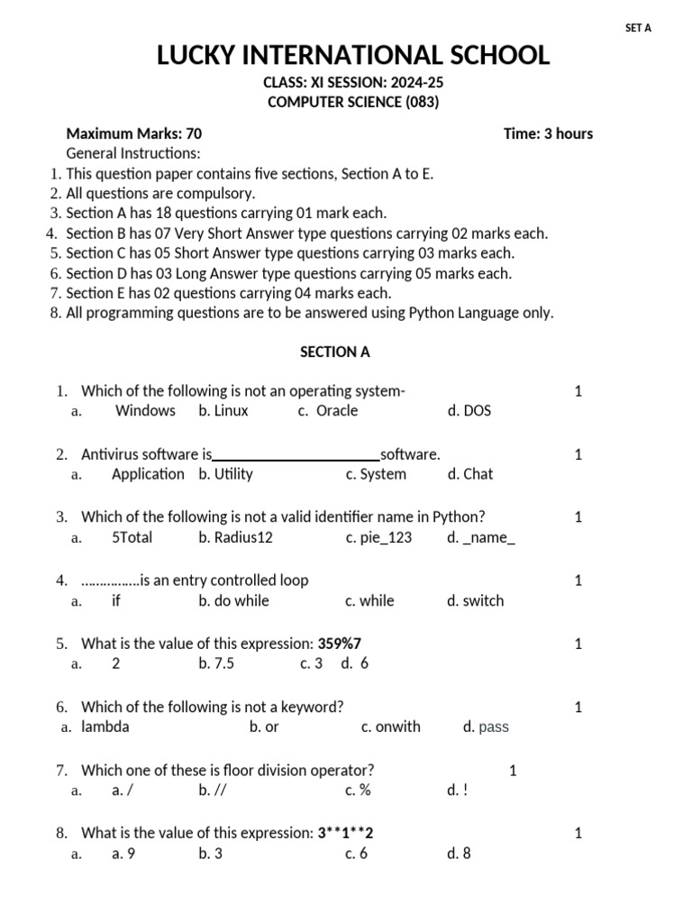 Class XI Computer Science Exam Paper | PDF | Computer Programming ...