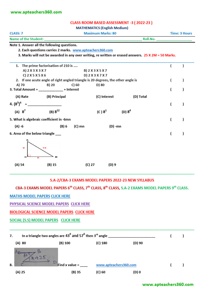 Class 7 Maths SA2 Question Paper 2023 | PDF | Elementary Geometry ...