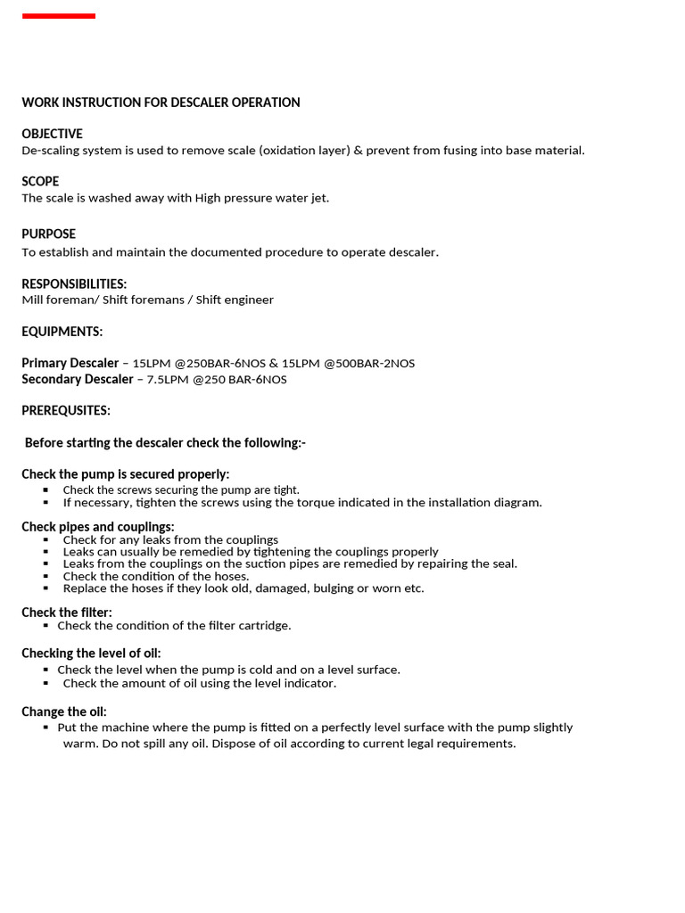 Descaler Operation Work Instruction | PDF | Pump | Leak