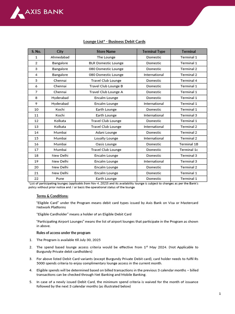 Lounge List Axis Bank Business Supreme Debit Card | PDF | Debit Card ...