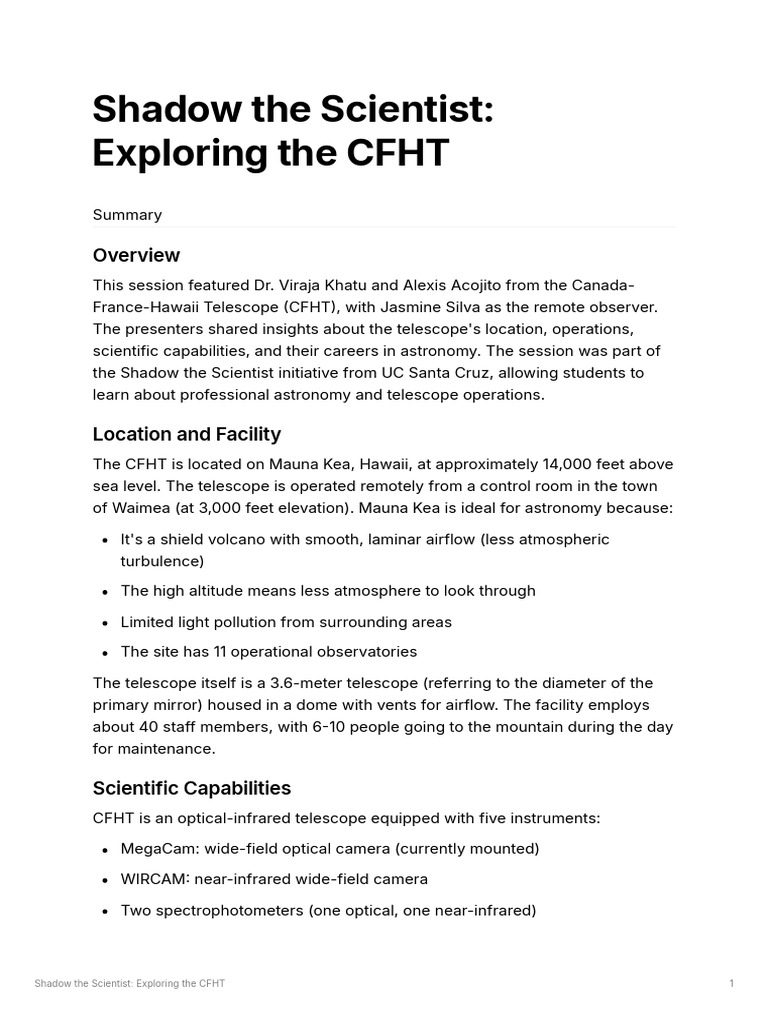 Shadow The Scientists - CFHT Session 1 Summary | PDF | Optical Filter ...