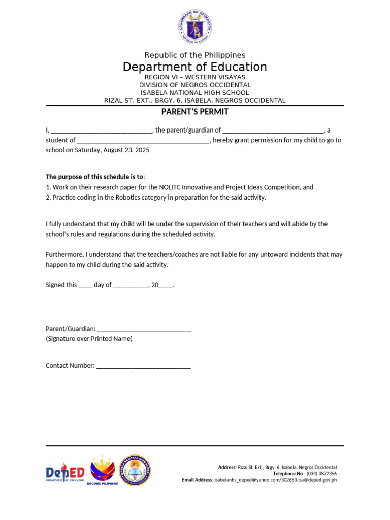 Parent's Permit for School Activity | PDF