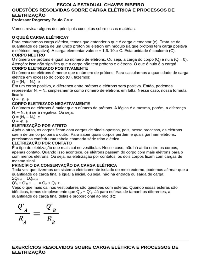 Questões Resolvidas Sobre Carga Elétrica e Processos de Eletrização ...