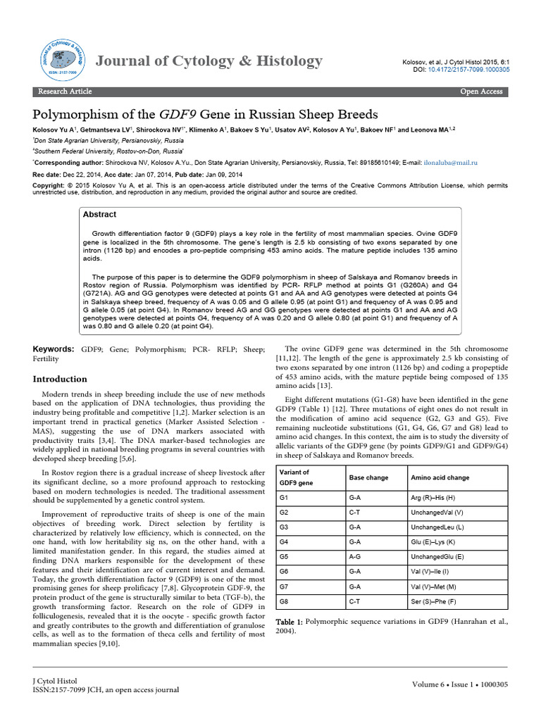 Polymorphism of The GDF Gene in Russian Sheep Breeds 2157 7099.1000305 ...