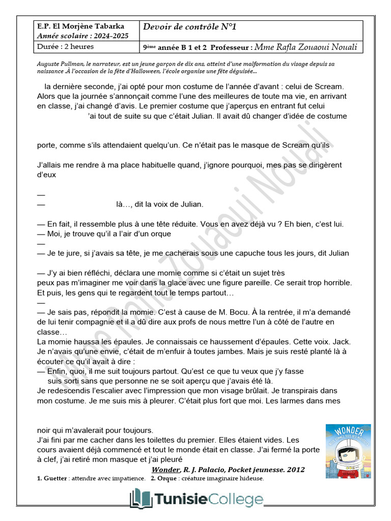 Devoir de Contrôle N°1 - Français - 9ème (2024-2025) Mme Rafla Zouaoui ...