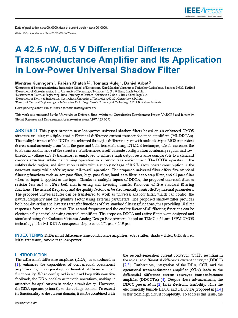 A 42.5 NW 0.5 V Differential Difference Transconductance Amplifier and ...