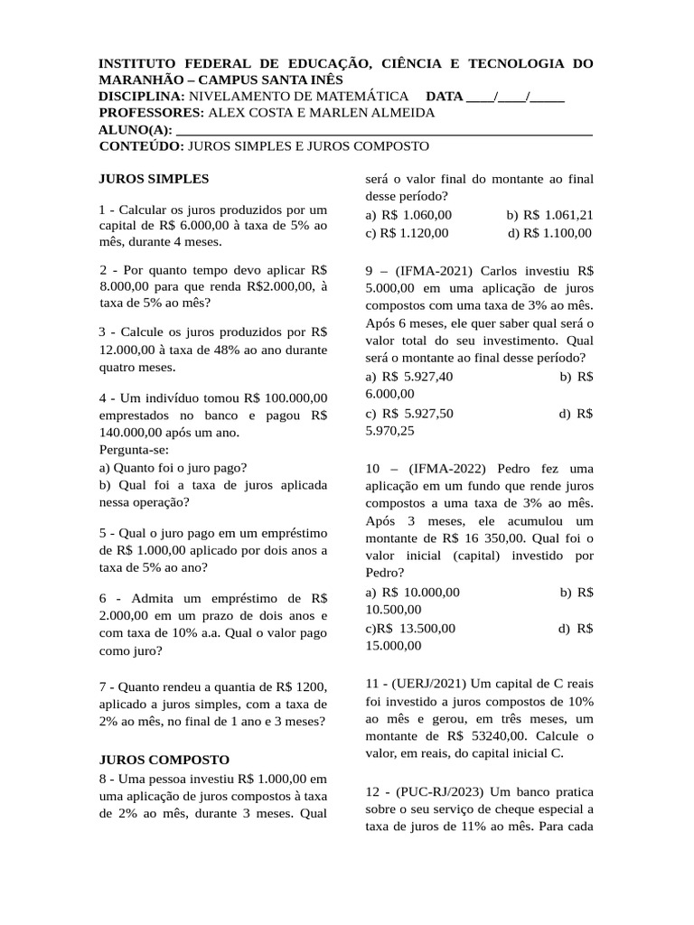 Exercícios de Juros Simples e Compostos | PDF | Juros | Economias