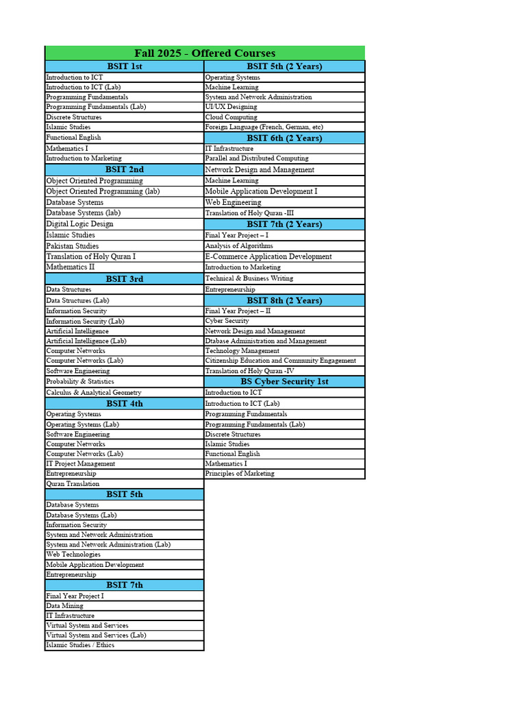 BSIT Course Offerings Fall 2025 | PDF | Computer Programming | Teaching ...