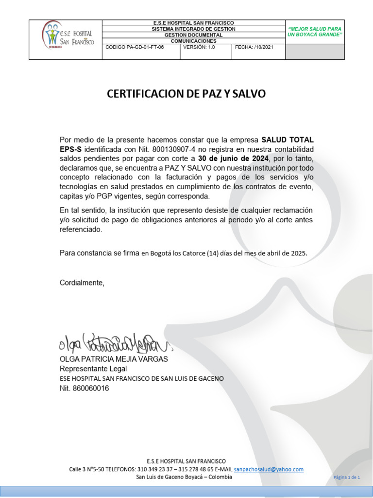 Certificación Paz y Salvo Hospital San Francisco | PDF
