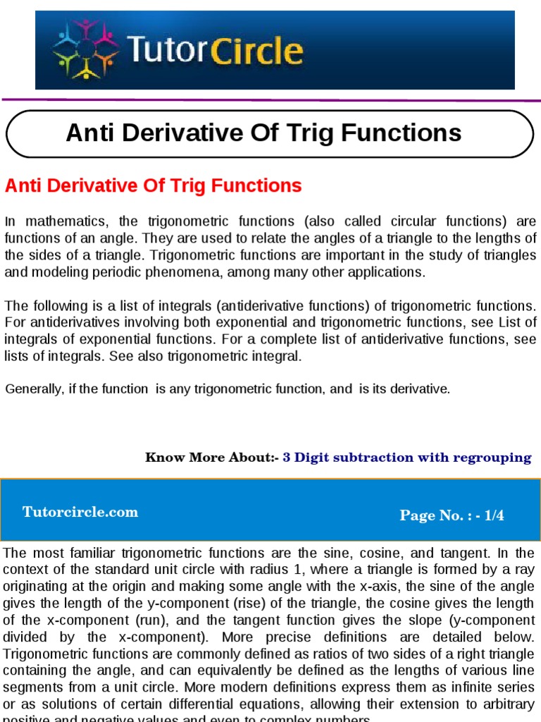 Anti Derivative of Trig Functions | PDF | Trigonometric Functions | Sine