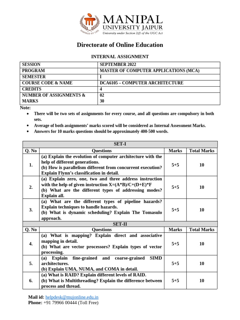 Assignment - DCA6105 - CA - Set 1 & Set 2 - Sep2022 | PDF | Parallel ...