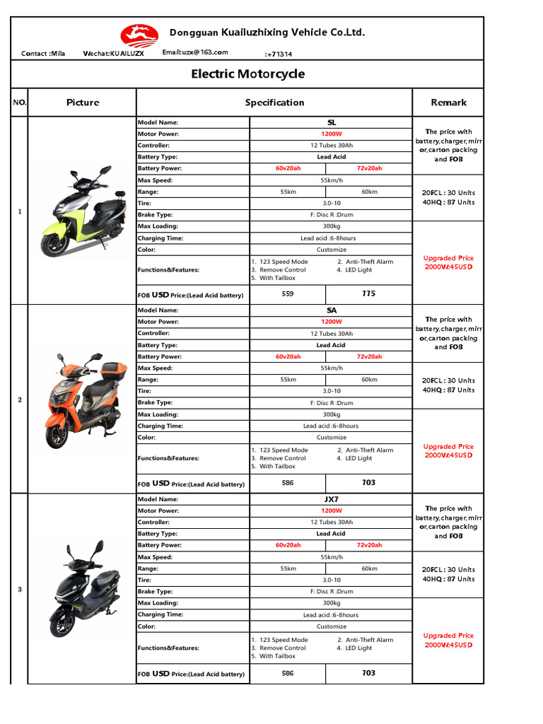 Electric Motorcycles Specifications & Pricing | PDF | Battery Charger ...