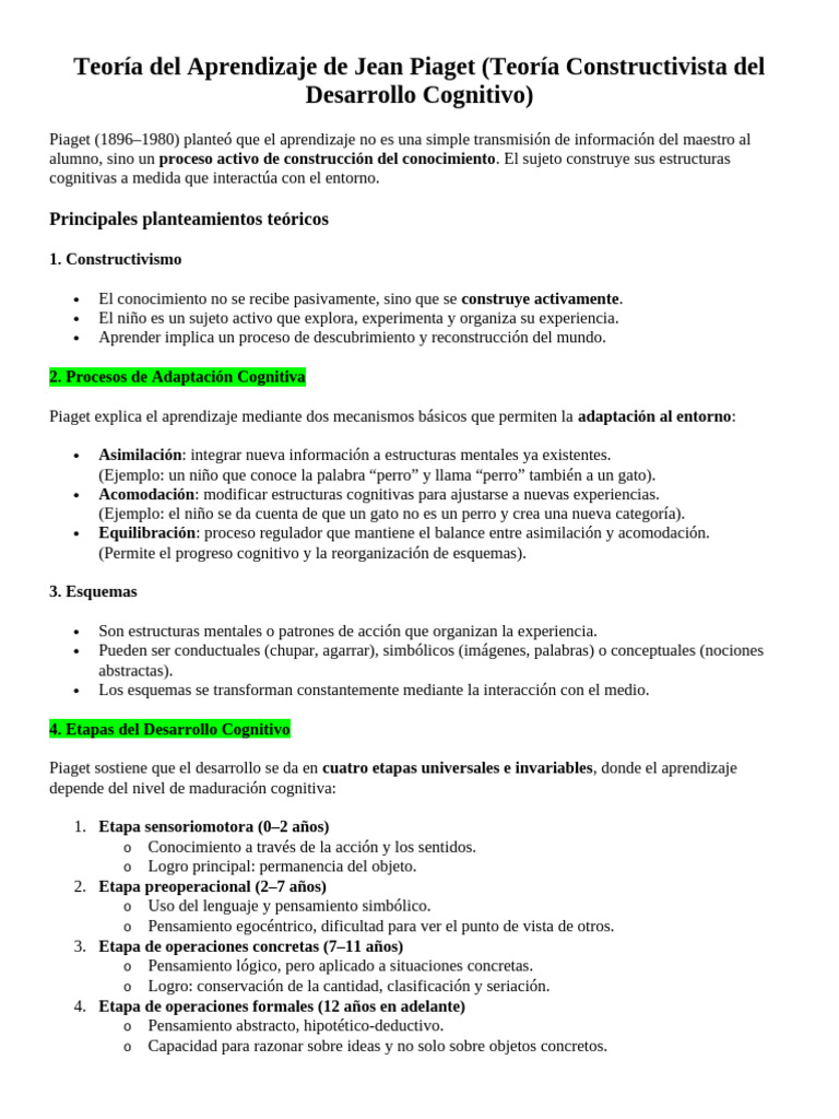 Explicación de La Teoría Del Aprendizaje de Jean Piaget | PDF ...