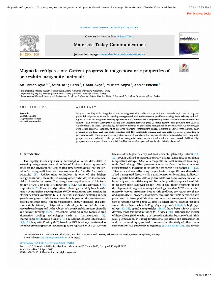 Magnetic Refrigeration Current Progress in Magnetocaloric Properties of ...