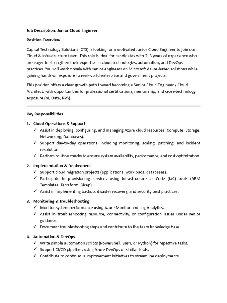 Junior Cloud Engineer Job Overview | PDF | Cloud Computing | Microsoft ...