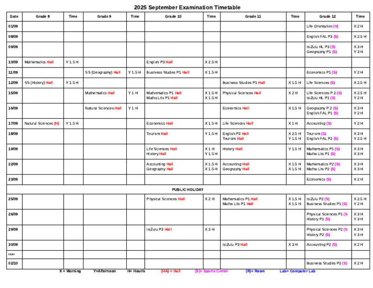 2025 September Examination Timetable | PDF