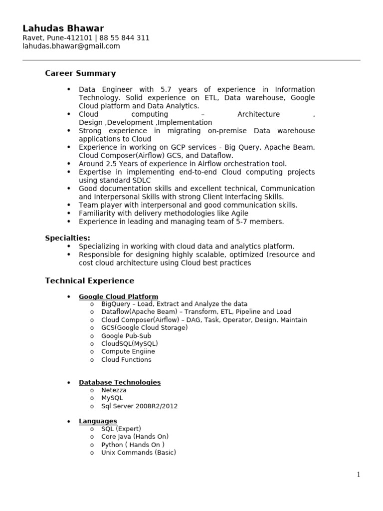 Data Engineer Resume - Lahudas Bhawar | PDF | Cloud Computing | My Sql