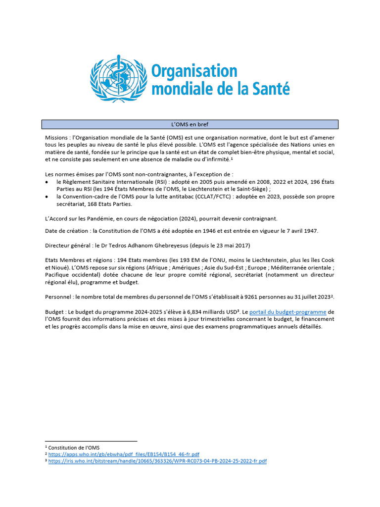 Historique et structure de l'OMS | PDF | Organisation mondiale de la ...