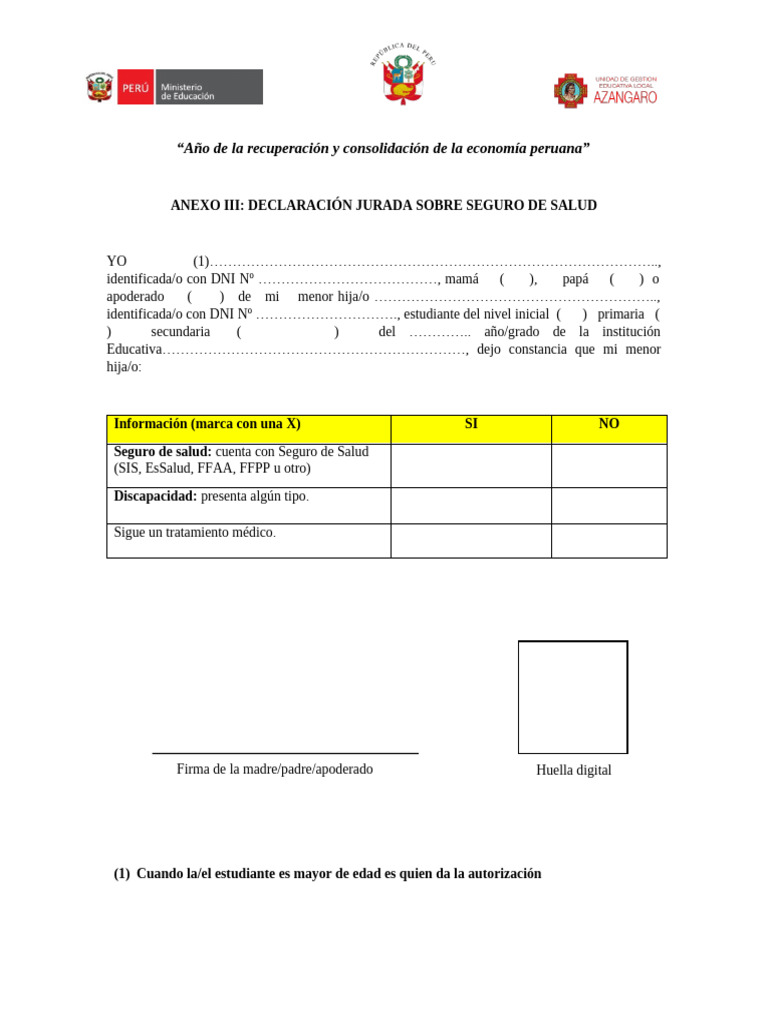 Anexo III Declaracion Jurada Sobre Seguro de Salud | PDF