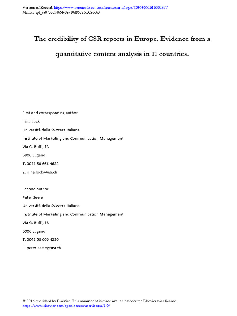 Credibility of CSR Reports in Europe | PDF | Corporate Social ...