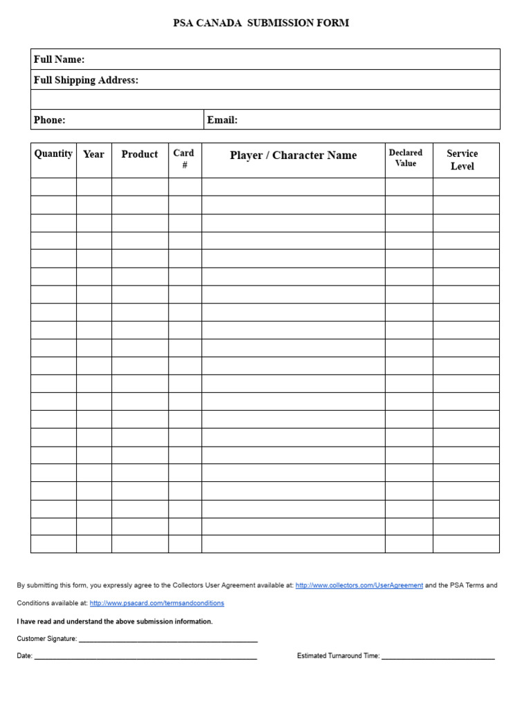 PSA Canada Submission Guidelines | PDF | Auction | Business