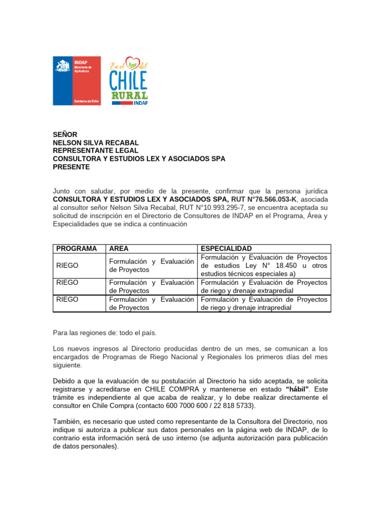 Carta de Aceptación Consultor - Consultora y Estudios Lex y Asoc | PDF