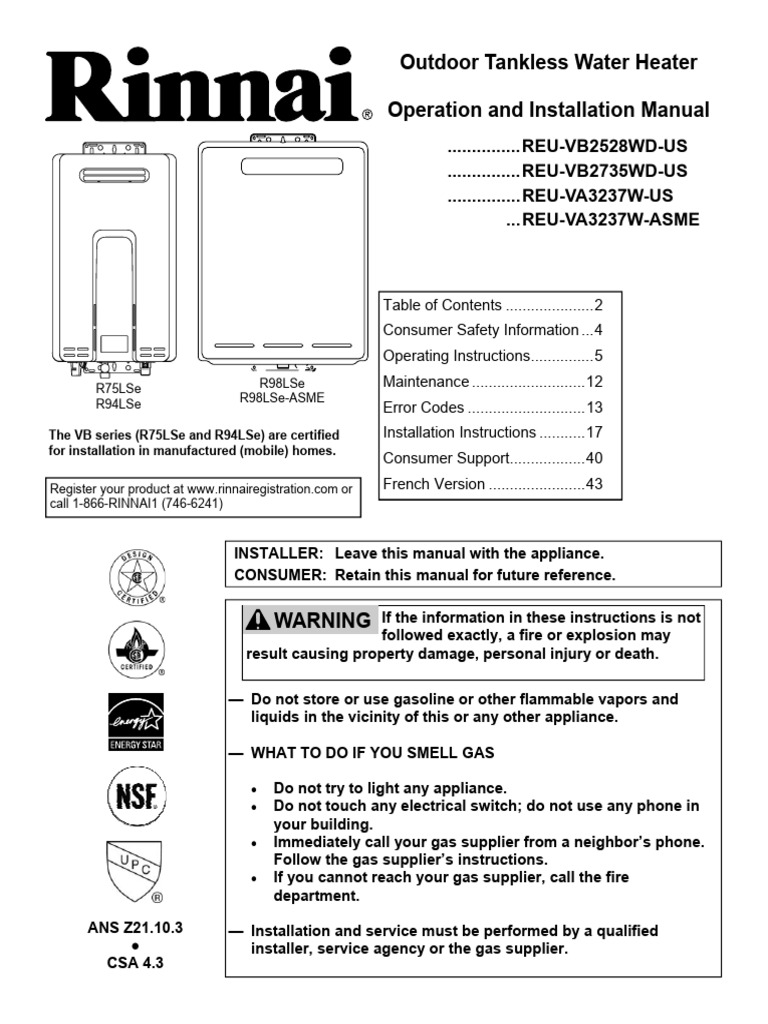 Rinnai R94LS Specifications Overview | PDF | Water Heating | Water