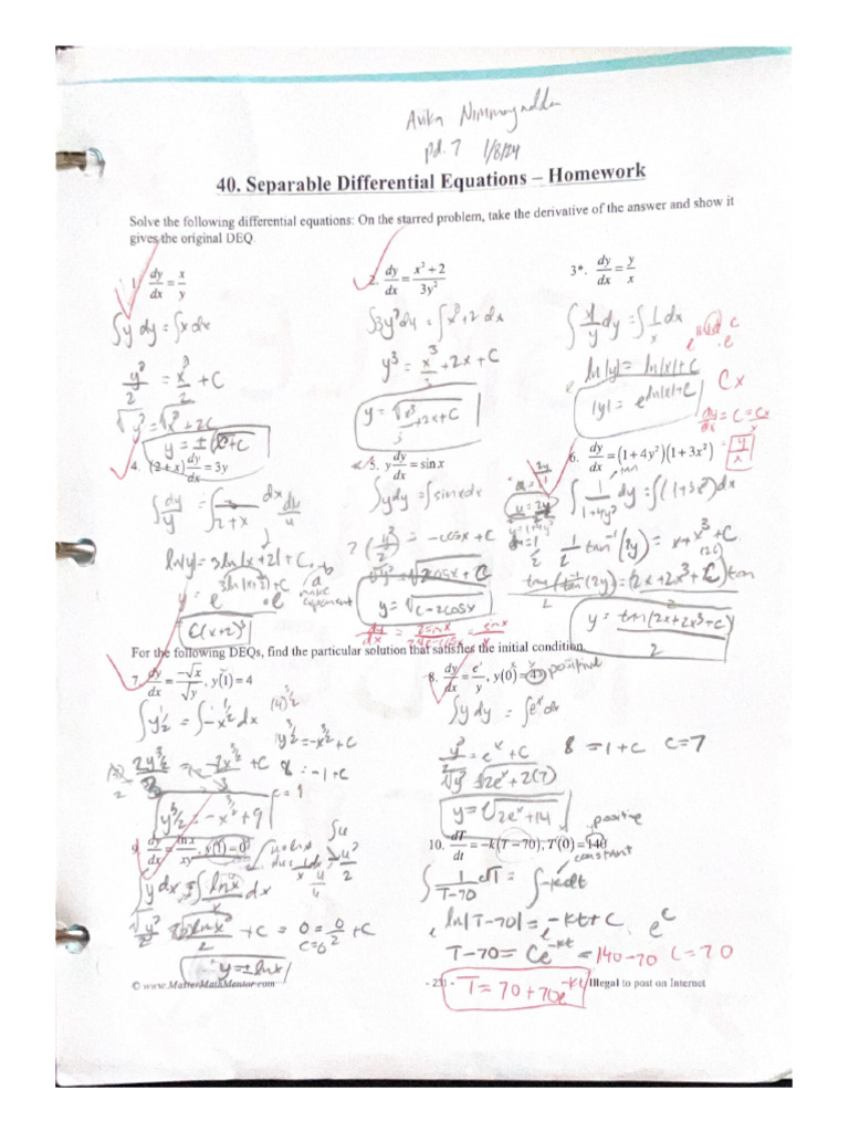Separable Differential Equations Homework Pdf