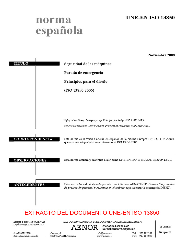 Norma UNE-EN ISO 13850: Parada de Emergencia | PDF