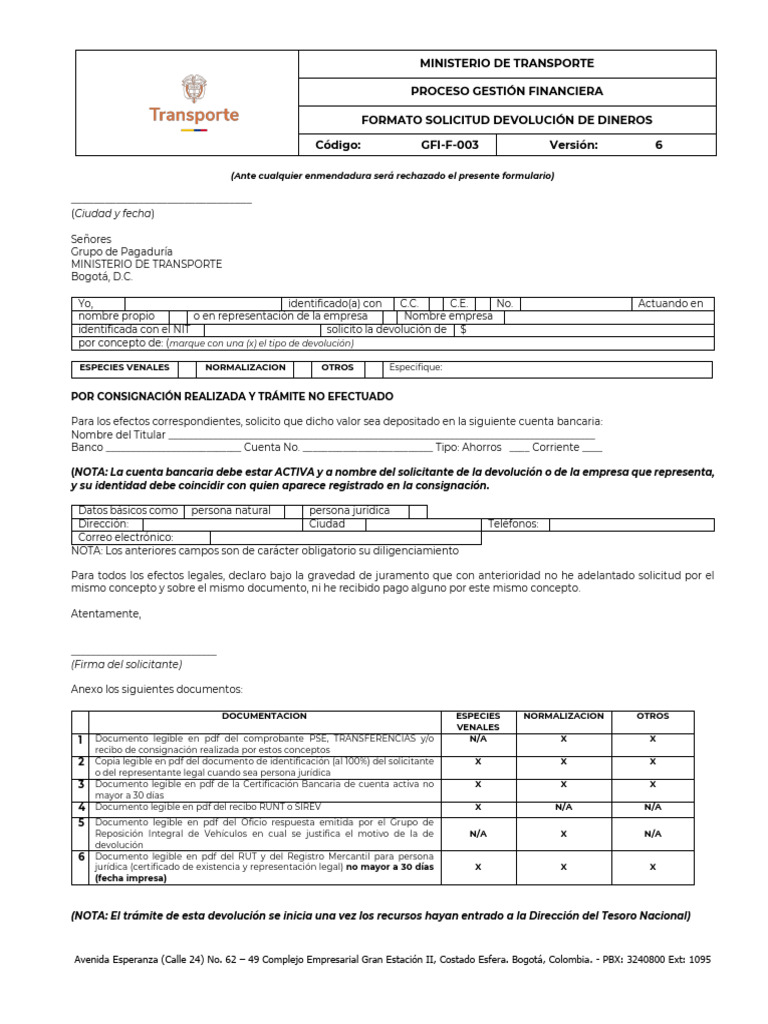 GFI-F-003 F Devolucion Dineros Version 6 | PDF | Bancos