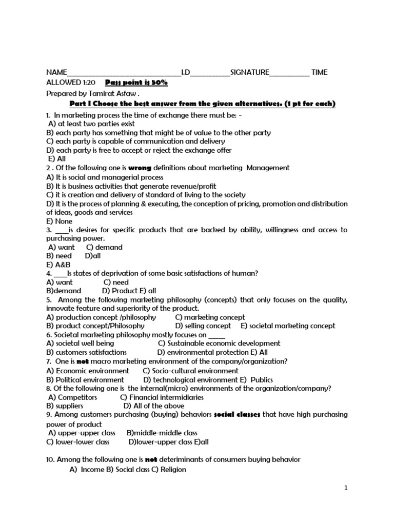 Marketing Management Exam Questions | PDF | Marketing | Pricing